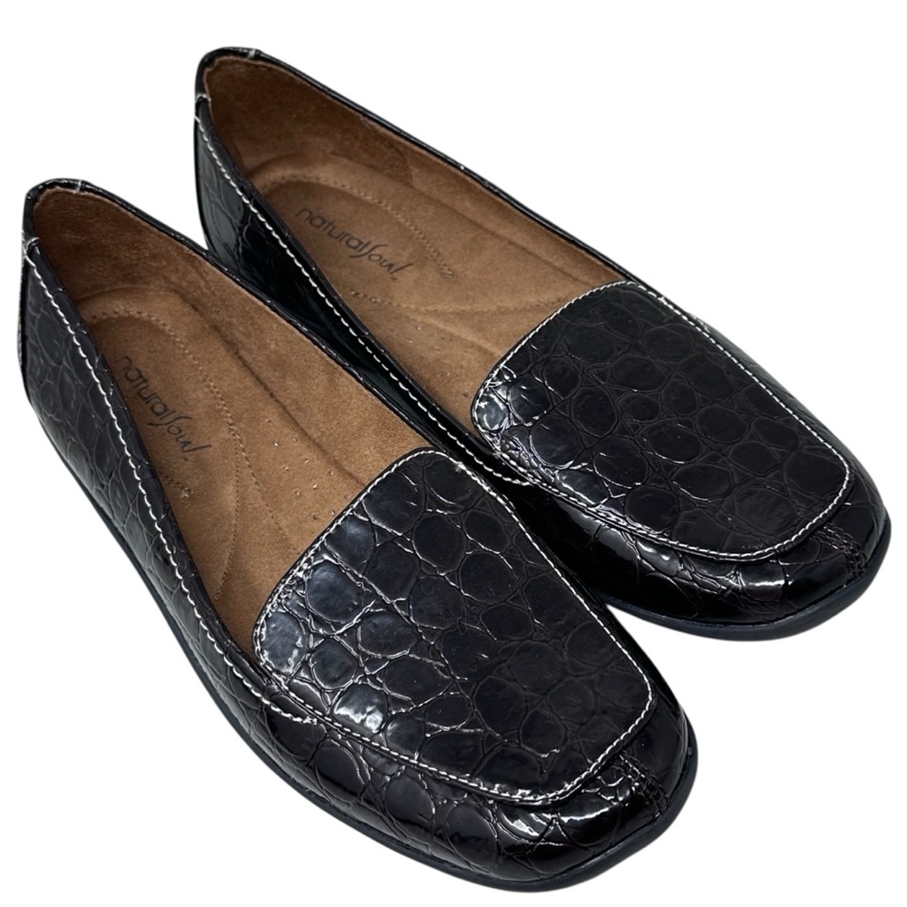 Natural Soul Dark Brown Croc Embossed Womens Loafers Flats 7.5 Wide 7.5W